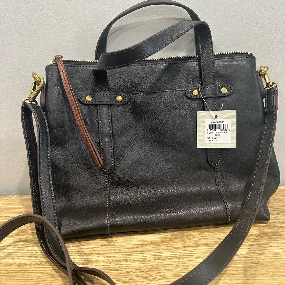 Fossil Black Leather Crossbody Satchel with Brown Accent